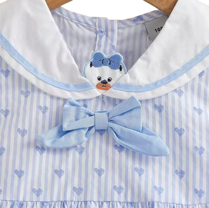 The Madelynn - Baby Girl Sleeveless Striped Heart Print Dress 100% Cotton Bow Collar Outfit