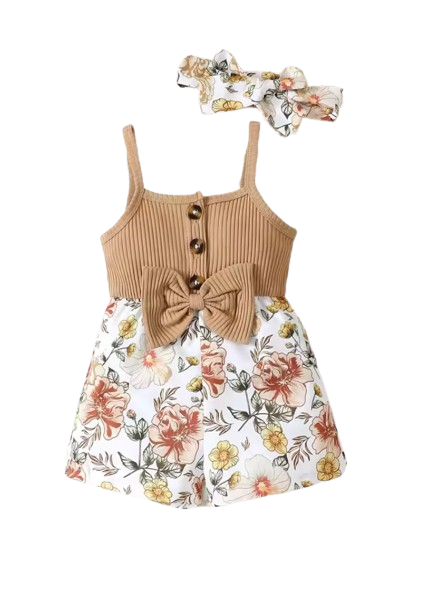 The Amoura - Baby Girl Printed Bow Suspender Jumpsuit & Shorts Newborn Summer 2‑Pcs Outfit