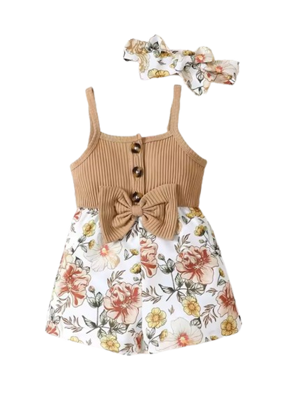 The Amoura - Baby Girl Printed Bow Suspender Jumpsuit & Shorts Newborn Summer 2‑Pcs Outfit