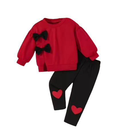 The Lottie - Baby Girl Bow Hooded Sweatshirt & Black Pants Autumn Winter 2 Sets Outfit
