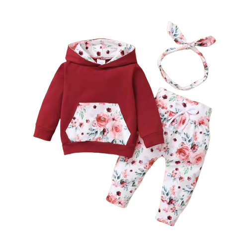The Romina - Baby Girl Hooded Flower Long Sleeve Top + Printed Pants & Bow Headband Autumn Set