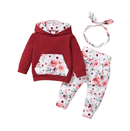 The Romina - Baby Girl Hooded Flower Long Sleeve Top + Printed Pants & Bow Headband Autumn Set