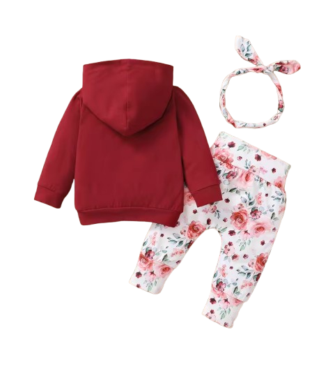 The Romina - Baby Girl Hooded Flower Long Sleeve Top + Printed Pants & Bow Headband Autumn Set