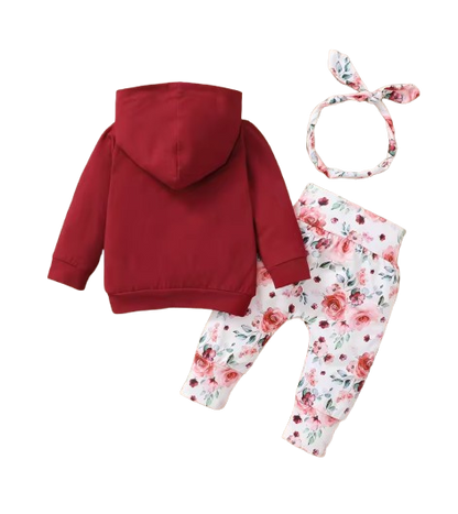 The Romina - Baby Girl Hooded Flower Long Sleeve Top + Printed Pants & Bow Headband Autumn Set