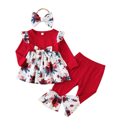 The Skye - Baby Girl Red Floral 3Pcs Set Flutter Sleeve Top + Bell Bottoms & Bow Headband