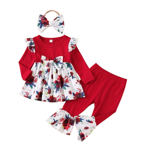 The Skye - Baby Girl Red Floral 3Pcs Set Flutter Sleeve Top + Bell Bottoms & Bow Headband