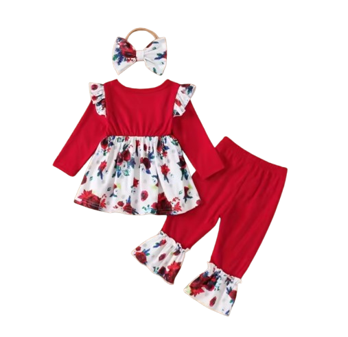 The Skye - Baby Girl Red Floral 3Pcs Set Flutter Sleeve Top + Bell Bottoms & Bow Headband