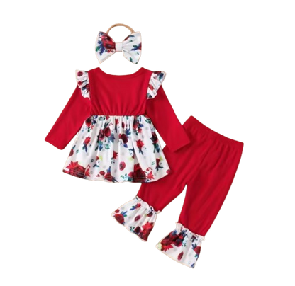 The Skye - Baby Girl Red Floral 3Pcs Set Flutter Sleeve Top + Bell Bottoms & Bow Headband