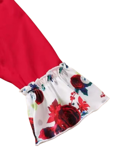 The Skye - Baby Girl Red Floral 3Pcs Set Flutter Sleeve Top + Bell Bottoms & Bow Headband