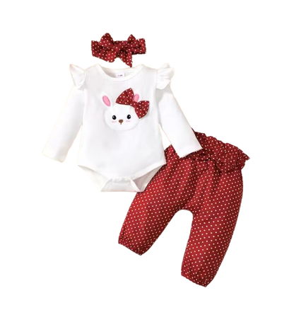 The Nellie - Baby Girl Rabbit Print Long Sleeve Bodysuit + Pants & Headband 3‑Pcs Set
