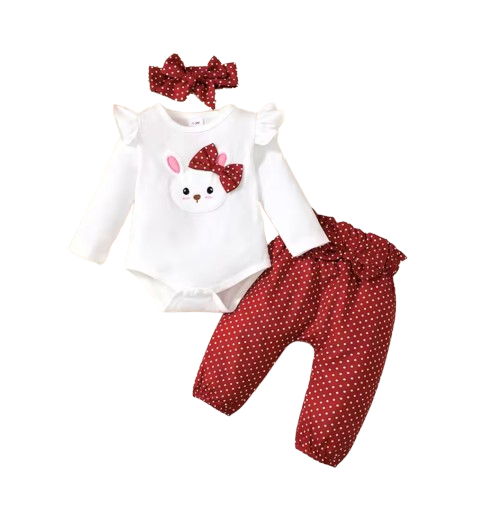 The Nellie - Baby Girl Rabbit Print Long Sleeve Bodysuit + Pants & Headband 3‑Pcs Set