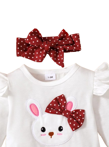 The Nellie - Baby Girl Rabbit Print Long Sleeve Bodysuit + Pants & Headband 3‑Pcs Set