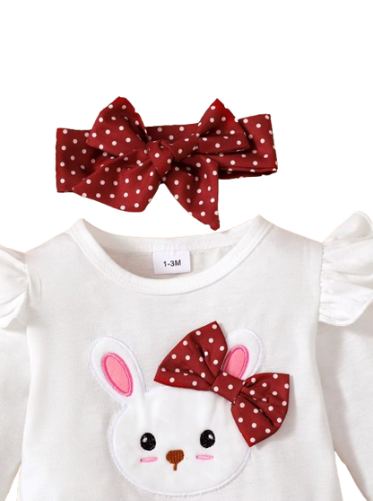 The Nellie - Baby Girl Rabbit Print Long Sleeve Bodysuit + Pants & Headband 3‑Pcs Set