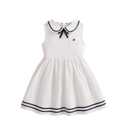 The Jazlyn - Baby Girl Sleeveless Preppy Dress 100% Cotton White School Style Summer Outfit