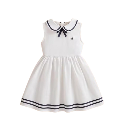 The Jazlyn - Baby Girl Sleeveless Preppy Dress 100% Cotton White School Style Summer Outfit