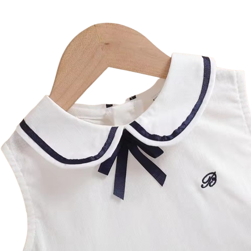 The Jazlyn - Baby Girl Sleeveless Preppy Dress 100% Cotton White School Style Summer Outfit