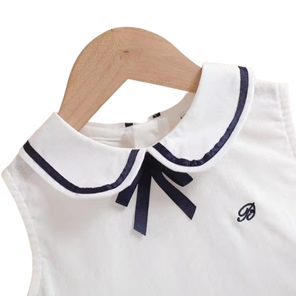 The Jazlyn - Baby Girl Sleeveless Preppy Dress 100% Cotton White School Style Summer Outfit