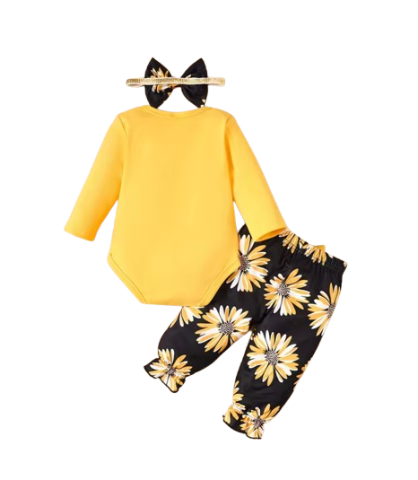 The Daleyza - Baby Girl Daisy Print Letter Romper + Long Pants 2Pcs Set Toddler Autumn Outfit