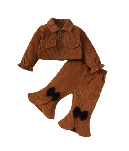 The Lenora - Newborn Baby Girl Brown Cardigan Jacket + Bow Pants Autumn Winter Fashion Set