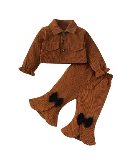 The Lenora - Newborn Baby Girl Brown Cardigan Jacket + Bow Pants Autumn Winter Fashion Set