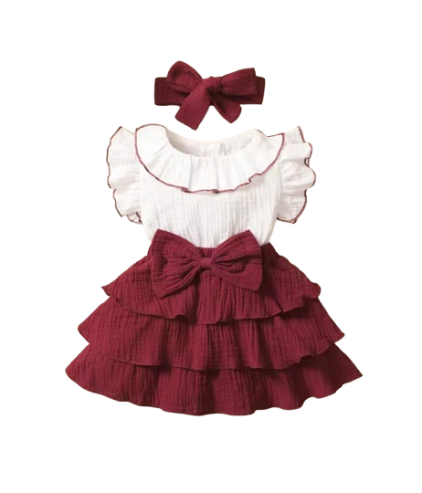 The April - Baby Girl Red Wine Dress with White 3‑Layer Cupcake Skirt
