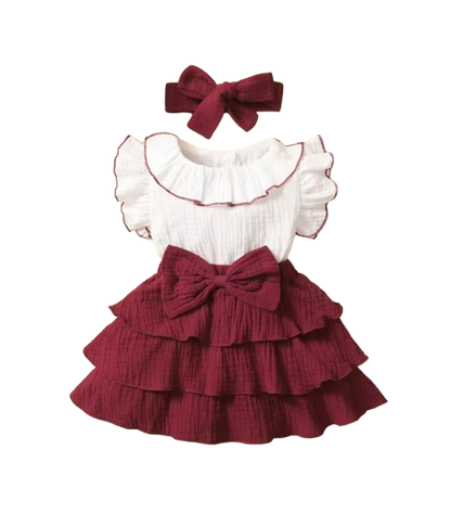 The April - Baby Girl Red Wine Dress with White 3‑Layer Cupcake Skirt