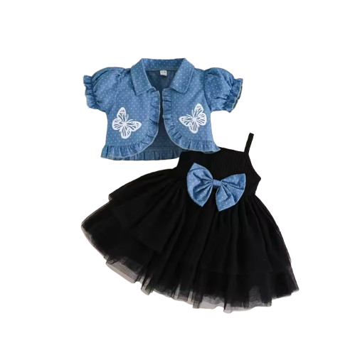 The Priscilla - 2pcs Baby Girl Denim Butterfly Coat and Mesh Princess Dress Outfit