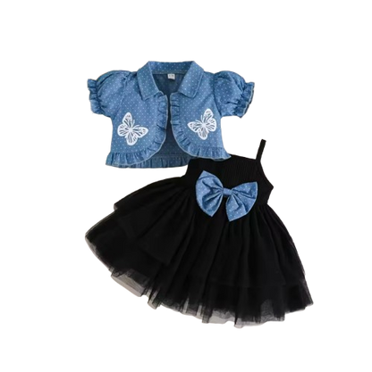 The Priscilla - 2pcs Baby Girl Denim Butterfly Coat and Mesh Princess Dress Outfit