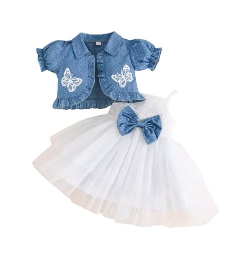 The Priscilla - 2pcs Baby Girl Denim Butterfly Coat and Mesh Princess Dress Outfit
