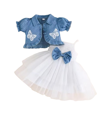 The Priscilla - 2pcs Baby Girl Denim Butterfly Coat and Mesh Princess Dress Outfit