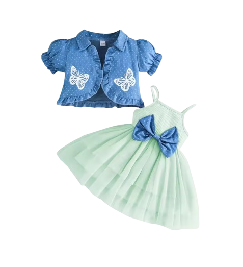 The Priscilla - 2pcs Baby Girl Denim Butterfly Coat and Mesh Princess Dress Outfit
