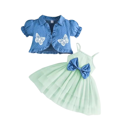 The Priscilla - 2pcs Baby Girl Denim Butterfly Coat and Mesh Princess Dress Outfit