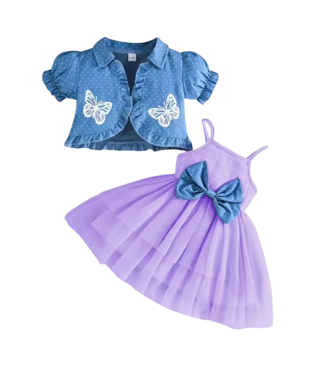The Priscilla - 2pcs Baby Girl Denim Butterfly Coat and Mesh Princess Dress Outfit