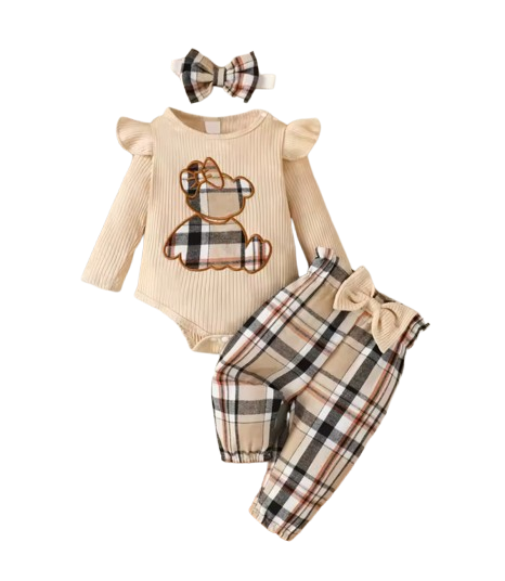 The Everlee - Baby Girl Bear Long Sleeve Jumpsuit + Plaid Bow Pants & Headband 3‑Pcs Set