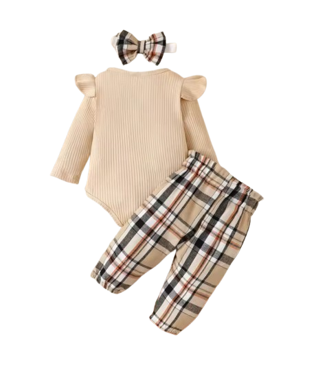 The Everlee - Baby Girl Bear Long Sleeve Jumpsuit + Plaid Bow Pants & Headband 3‑Pcs Set