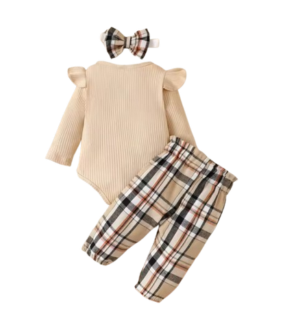 The Everlee - Baby Girl Bear Long Sleeve Jumpsuit + Plaid Bow Pants & Headband 3‑Pcs Set