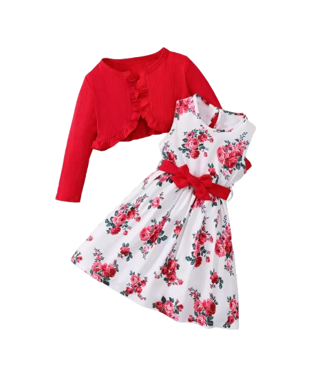 The Capri - Girls Flower Sleeveless Dress with Shawl & Belt 3‑Pcs Spring Autumn Outfit