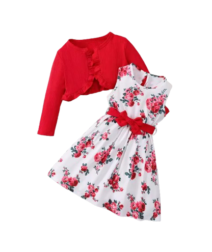 The Capri - Girls Flower Sleeveless Dress with Shawl & Belt 3‑Pcs Spring Autumn Outfit