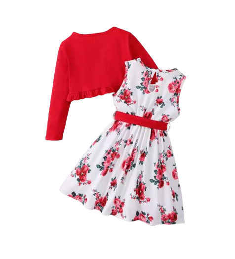 The Capri - Girls Flower Sleeveless Dress with Shawl & Belt 3‑Pcs Spring Autumn Outfit