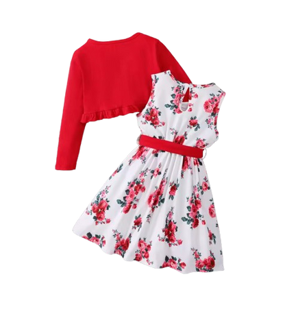 The Capri - Girls Flower Sleeveless Dress with Shawl & Belt 3‑Pcs Spring Autumn Outfit