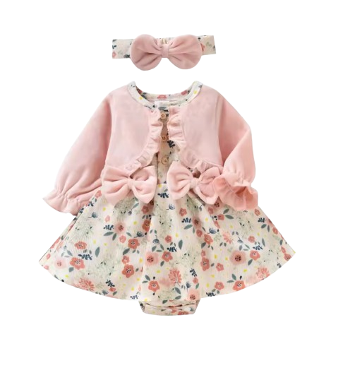 The Kyomi - Newborn Girl Floral Patchwork Romper Dress Style + Bow Headband 2Pcs Cute Outfit