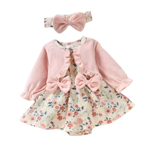 The Kyomi - Newborn Girl Floral Patchwork Romper Dress Style + Bow Headband 2Pcs Cute Outfit