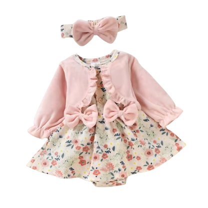 The Kyomi - Newborn Girl Floral Patchwork Romper Dress Style + Bow Headband 2Pcs Cute Outfit