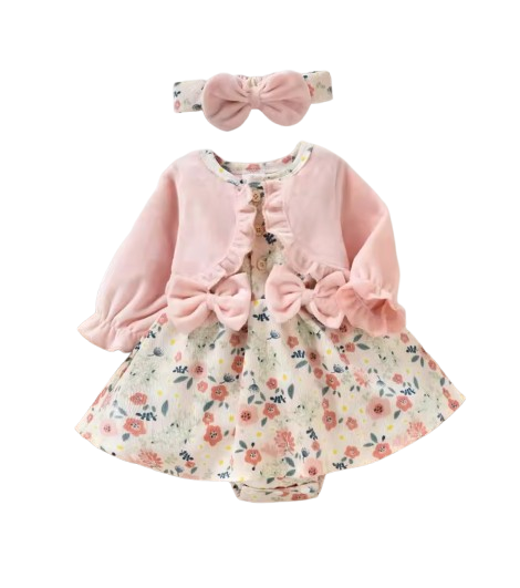 The Kyomi - Newborn Girl Floral Patchwork Romper Dress Style + Bow Headband 2Pcs Cute Outfit