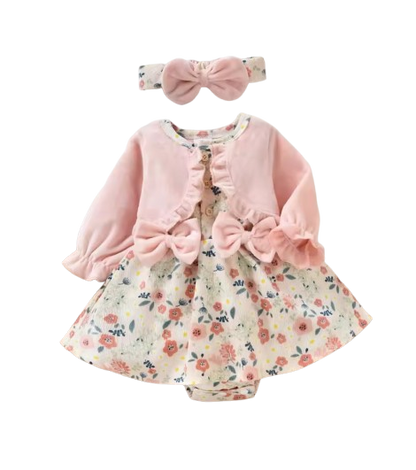 The Kyomi - Newborn Girl Floral Patchwork Romper Dress Style + Bow Headband 2Pcs Cute Outfit