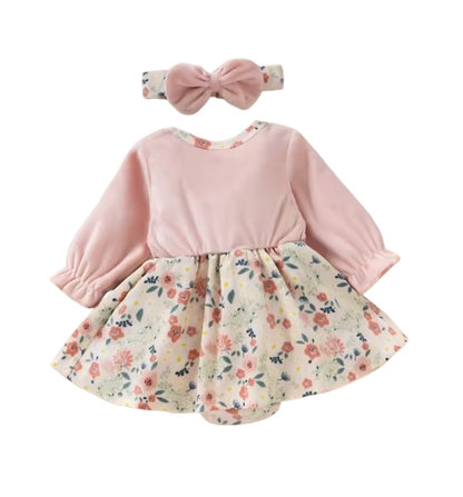 The Kyomi - Newborn Girl Floral Patchwork Romper Dress Style + Bow Headband 2Pcs Cute Outfit