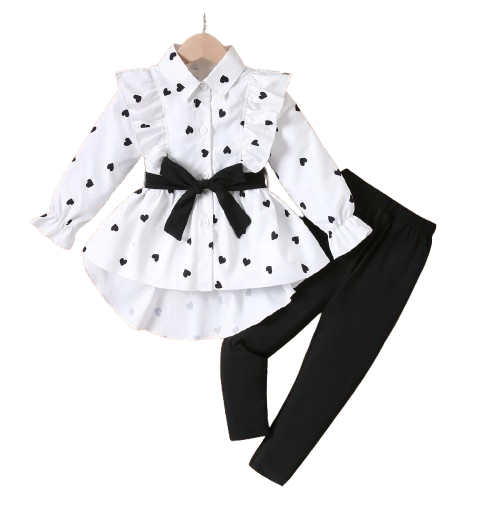The Danielle - Girls Heart Print Shirt + Bottoms 2Pcs Clothing Set 1‑8Y Spring Autumn Wear