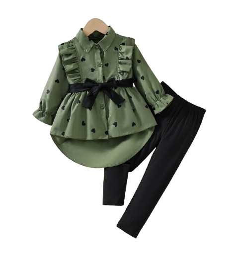 The Danielle - Girls Heart Print Shirt + Bottoms 2Pcs Clothing Set 1‑8Y Spring Autumn Wear