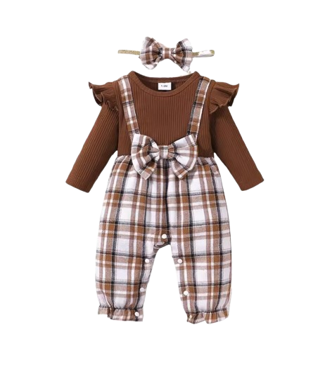 The Fernanda - Infant Baby Girl Plaid Long Sleeve Romper + Headband 2Pcs Cute Daily Outfit