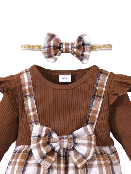 The Fernanda - Infant Baby Girl Plaid Long Sleeve Romper + Headband 2Pcs Cute Daily Outfit